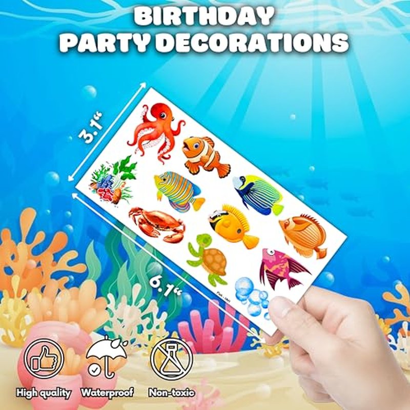 96PCS Tropical Fish Temporary Tattoos Ocean Themed Birthday Party Decorations Supplies Favors Decor Cute Colorful Under The Sea Animals Tattoo Stickers Gifts For Kids Boys Girls School Prizes Carnival