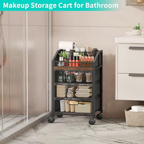 HapiRm Rolling Makeup Organizer Cart with 3 Drawers and Top Compartments, Under Desk Vanity Storage, Black