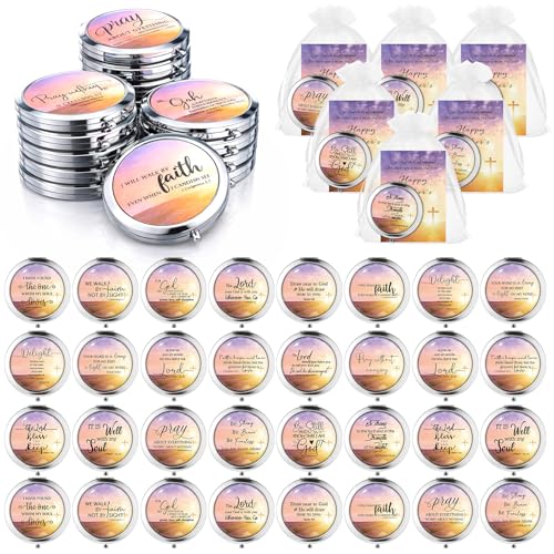 18 Sets Mother's Day Church Gifts Bulk Christian Compact Makeup Mirror Bible Verse Round Pocket Mirror with Gift Cards Organza Bags for Women (18 Style)