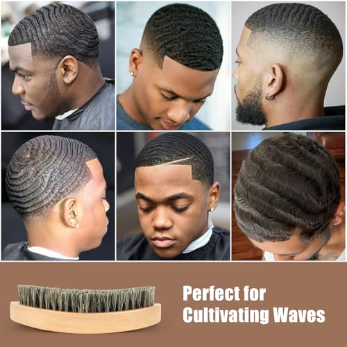 Myselect Wood Curved 360 Wave Brush for Men - Medium Hard Boar Bristle Hair Styling Tool