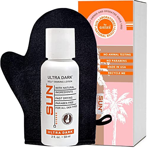 Sun Laboratories By Giesee Ultra Dark Self Tanner with Mitt - Sunless Tanning Lotion for Instant, Waterproof, and Safe Tan - Self Tanner & Tanning Mitt Included, Travel Size