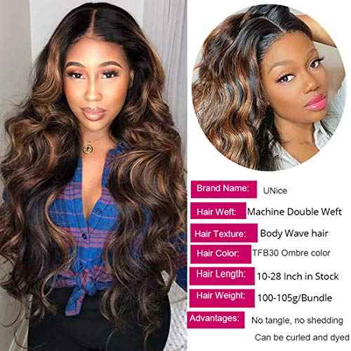 UNice Ombre Brown Highlight Body Wave Human Hair Weave 1 bundle 16 inch, Brazilian Remy Hair Dark Root Blonde Human Hair Weaves Extension Piano Color TFB30