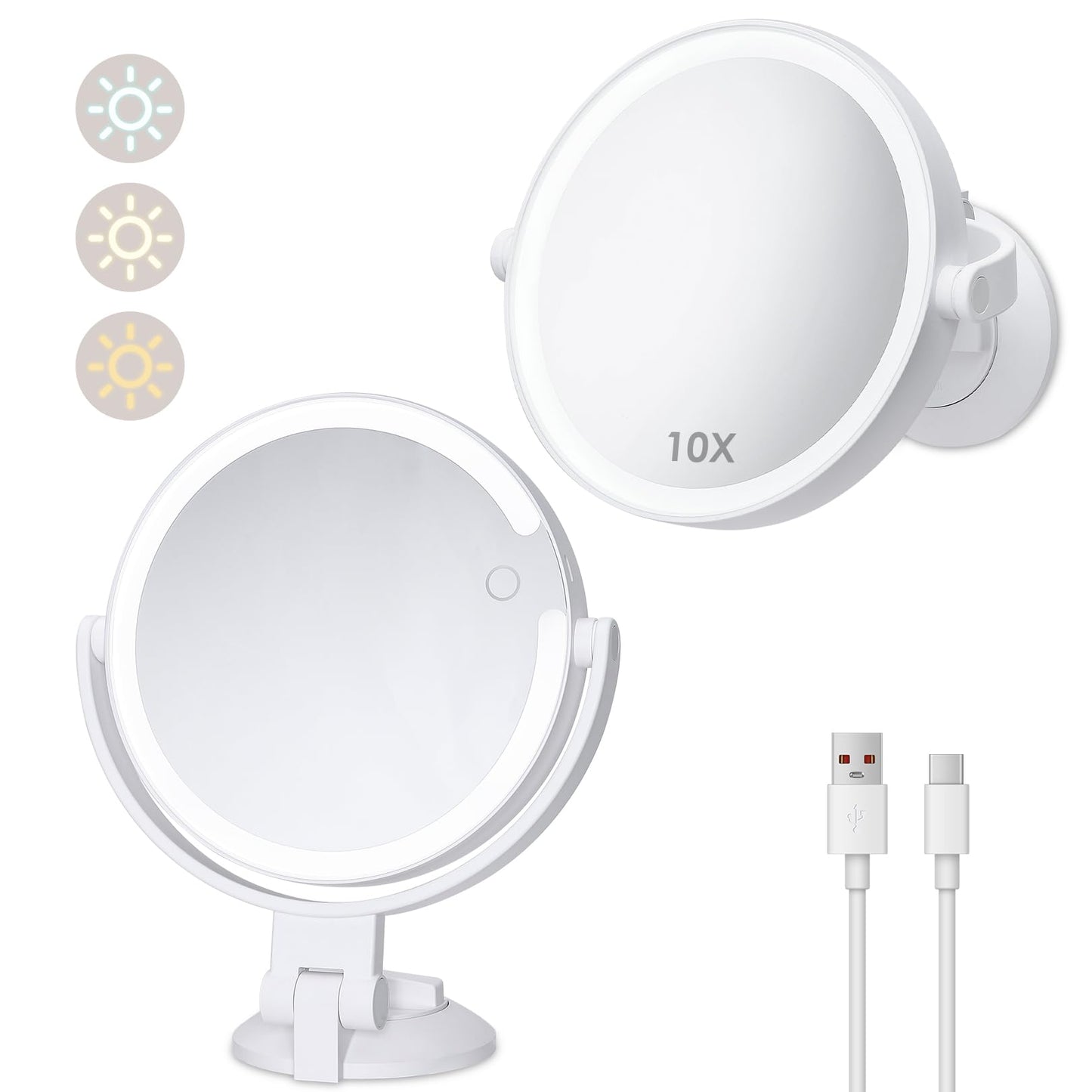 1X 10X Magnifying Shower Mirror with Lights, Rechargeable Lighted Manification Shaving Mirror No Drilling Locking Suction Mount, Double Sided 360° Bathroom Mirror for Men, Tabletop Makeup Mirror