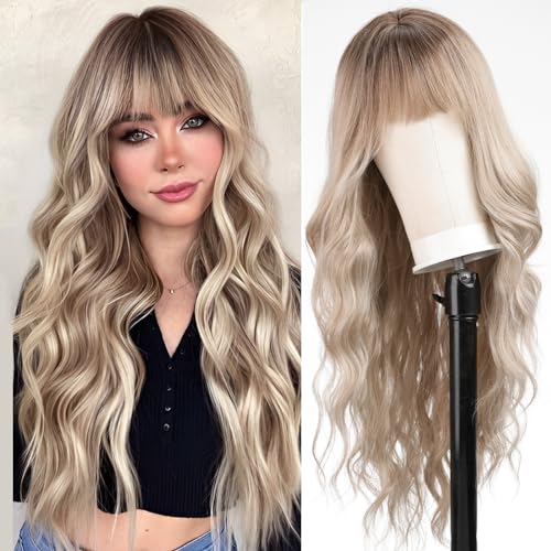 KOME Ombre Dirty Blonde Wigs with Bangs,Ash Blonde Long Wavy Wig for Women,Long Curly Synthetic Hair Wig for Party Daily Use 24IN