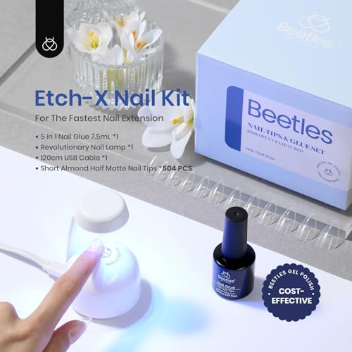 Beetles Gel Nail Kit Easy Nail Extension Set Etch X Nail Tips 504Pcs Short Almond Half Matte with beetles Gel Polish 24Pcs Cat Eye Gel Nail Polish Set, Glitter Blue Pink Purple Green Shimmer