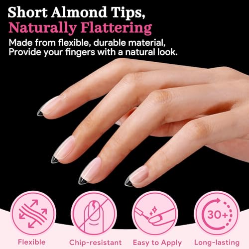 Short Almond Nail Tips - 240 PCS, 15 Sizes, Pre-Matte Clear Press On