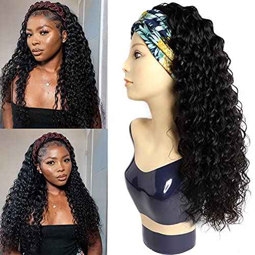 Deep Wave Headband Wig Human Hair 18 Inches Glueless None Lace Front Wigs Machine Made 150% Density Half Wigs Natural Color Human Hair wigs for Women