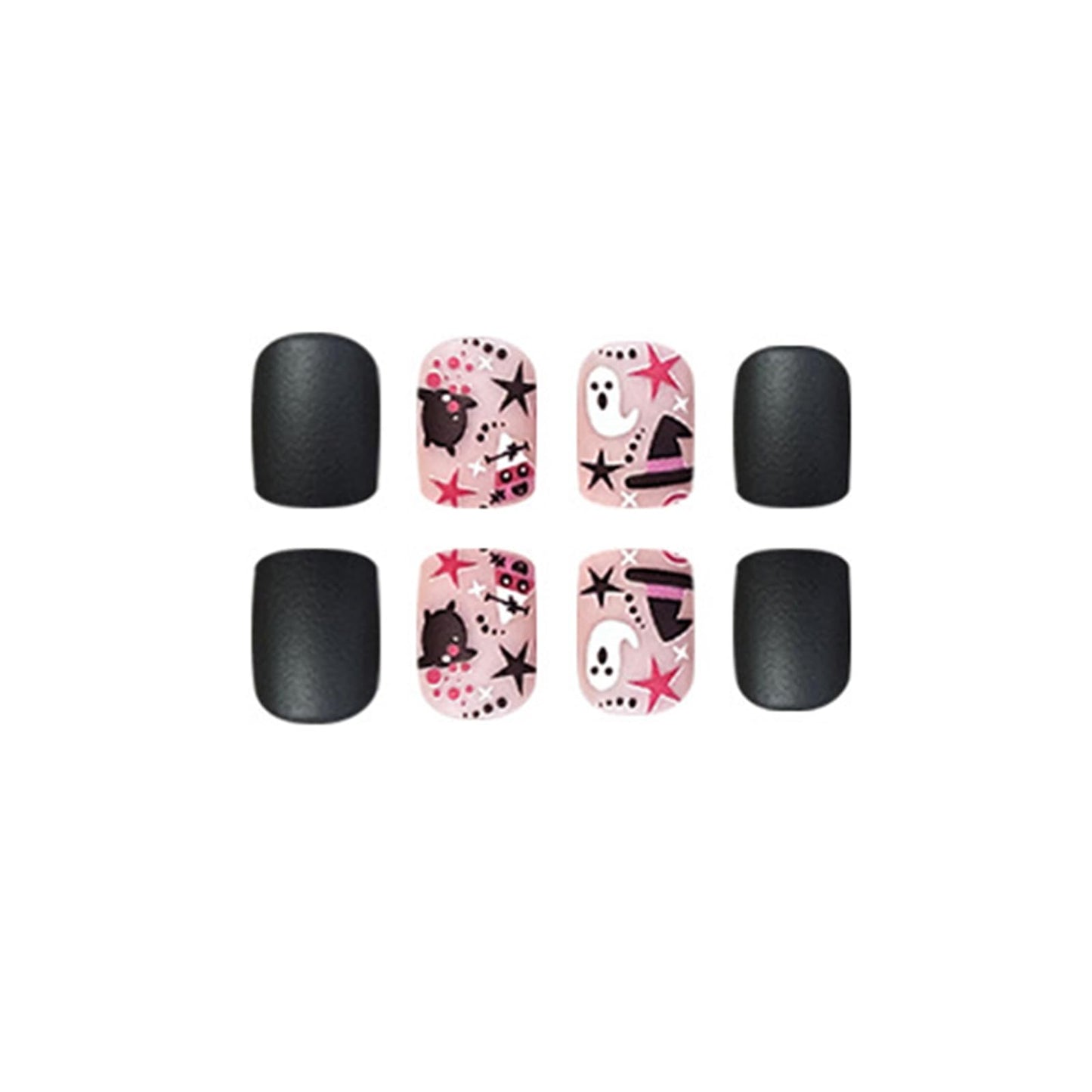 24Pcs Halloween Press on Nails Short Square Fake Nails Black Pink Artificial Nails Ghost Star Witch Hat False Nails Full Cover Acrylic Nails Matte Glue on Nails Cute Stick on Nails for Women Manicure