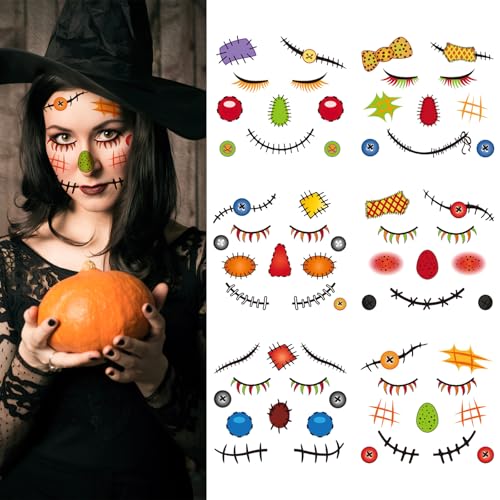 6-Sheet Scarecrow Face Temporary Tattoo Stickers Halloween Makeup