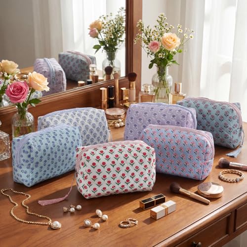 Kacctyen Floral Quilted Makeup Bag Set - 6 Pcs Cotton Travel Pouches