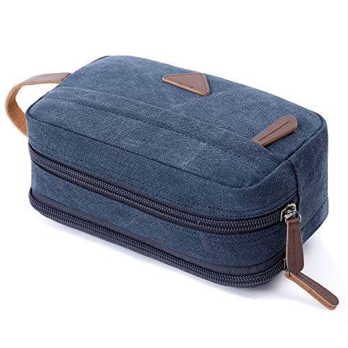 Mactso Mens Travel Toiletry Bag Canvas Leather Cosmetic Makeup Organizer Shaving Dopp Kits with Double Compartments (Blue 1)