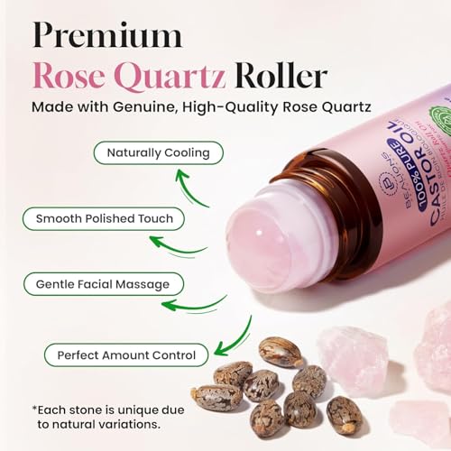 Bealions Castor Oil Rose Quartz Roller Ball 1.7 Fl Oz for Skin & Lash Care