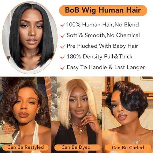 Bob Wig Human Hair 14 Inch Straight Bob Wig Human Hair 180% Density 13x4 Lace Front Wigs Human Hair Natural Color Glueless Wigs for Black Women