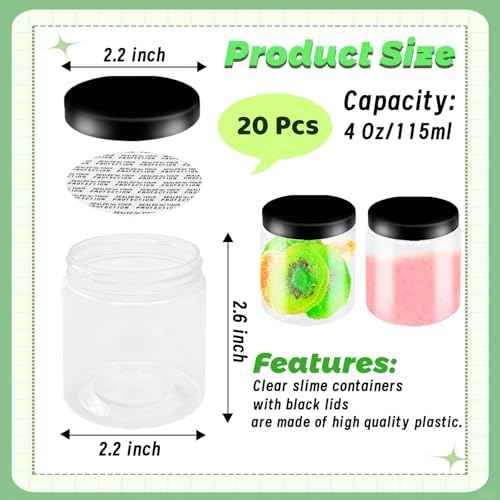 20Pcs 4oz Plastic Slime Containers with Black Lids,Round Refillable Travel Storage Sealed Jars Clear Wide Mouth Container for Candy,Food Storage,Makeup,Cosmetics,Lotions,Eye Shadow,Cream,Samples