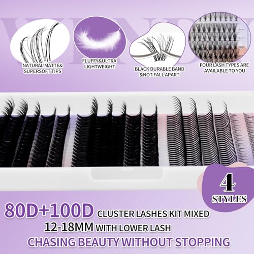 DIY Lash Clusters with Spikes Bottom Eyelash Clusters Spike Manga Individual Lashes Clusters Natural Look Eyelash Clusters Bottom Lashes Wispy Cluster Eyelash Extensions(80+100,12-18mm,0.07D)