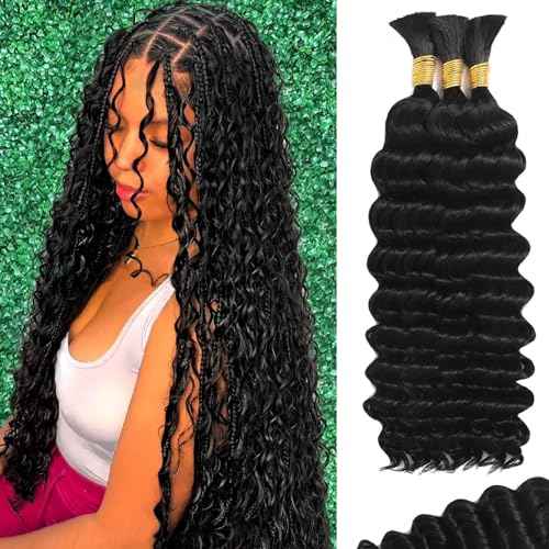18 Inch Human Boho Braiding Hair, Deep Wave Bulk Hair Extension 100g Knotless No Weft 100% Virgin Hair 3 Bundles/Pack, Natural Black