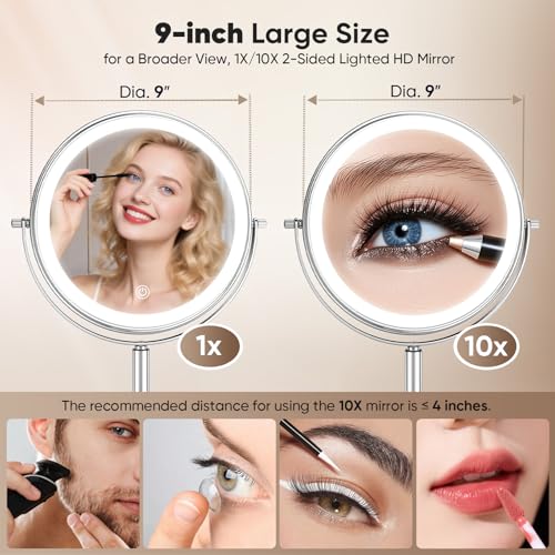 Professional 9" Lighted Makeup Mirror Double-Sided Rechargeable Vanity Mirror 1X/10X HD Magnifying, 88 High-CRI 97 LEDs, 3 Color Modes & Dimmable Brightness, Height Adjustable, 4000mAh Dual Power