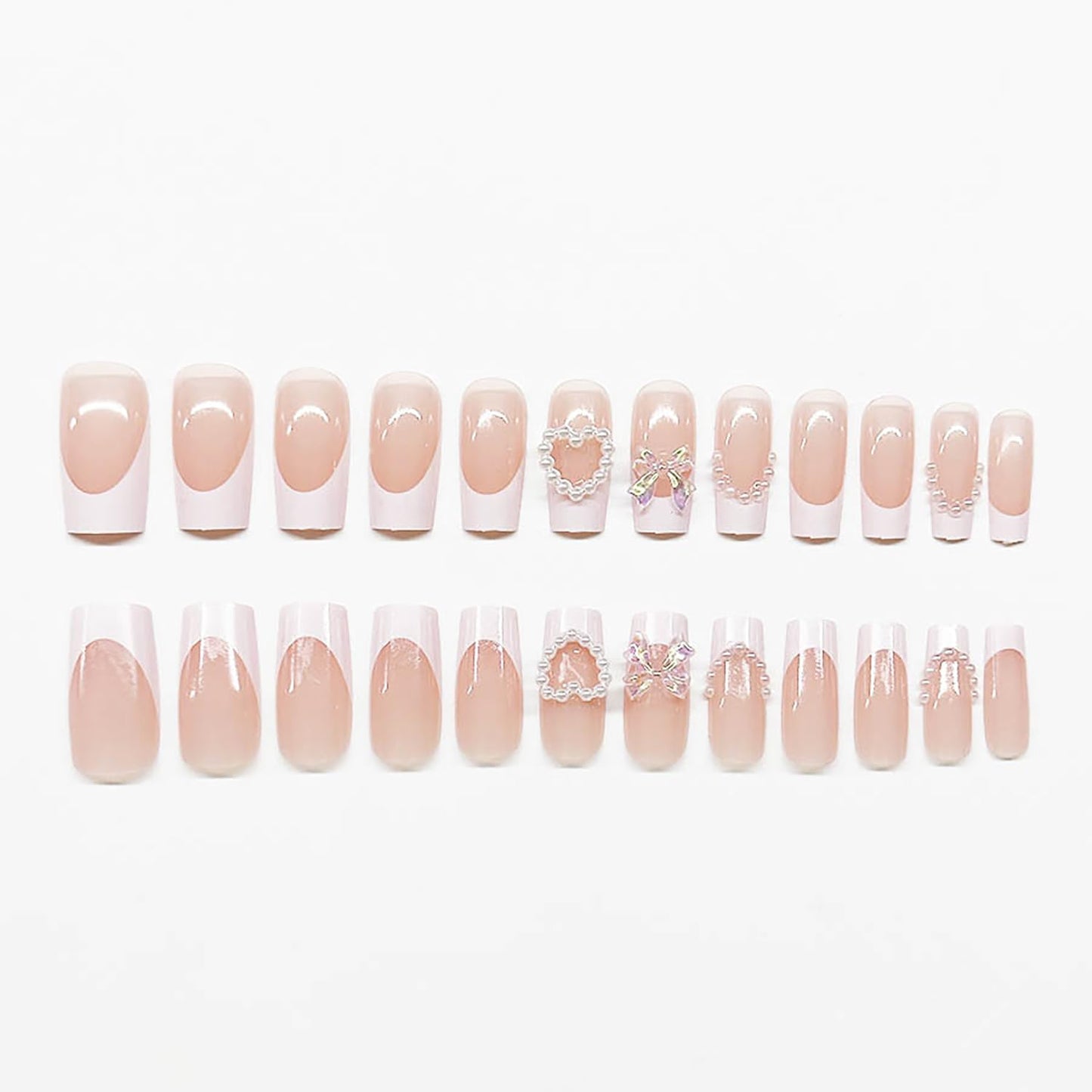 24 Pcs Long Square Press on Nails White French Fake Nails Nude Pink False Nails with Bow Knot Love Heart Pearl Designs Glossy Stick on Nails Artificial Nails for Women Girls