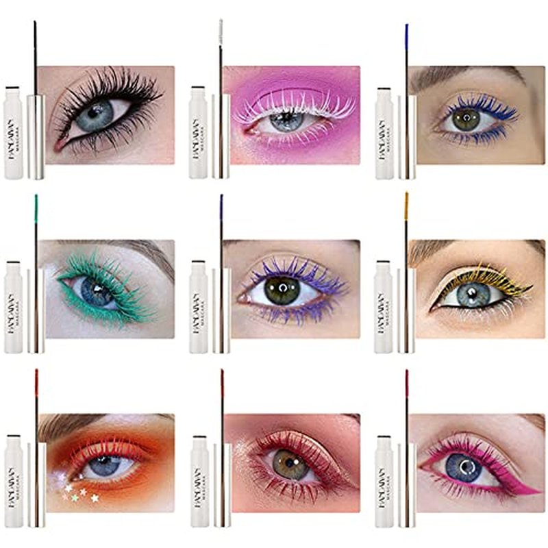 9 Colors Colored Mascara Set for Eyelashes, Red Pink Purple Blue White Black Halloween Rainbow Colorful Mascara Waterproof Charming Long Lasting Voluminous Eye Makeup Valentine's Day Gifts for Women