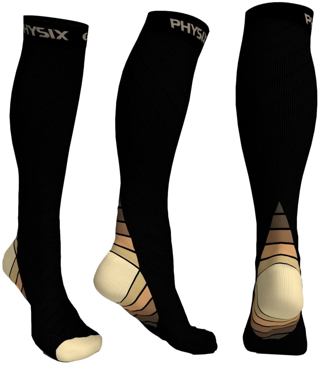 Physix Gear Compression Socks 20-30 mmHg - Men & Women - Running, Nurses, Shin Splints, Flight, Travel (BLACK/BEIGE-S/M)