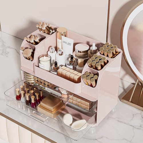 Delamu Pink Large Makeup Organizer with 6 Brush Holders Countertop Storage