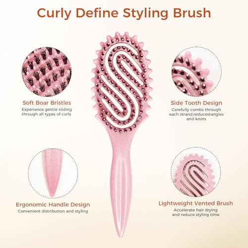 Curly Hair Brush, Curl Defining Brush with Soft Boar Bristles for Combing, Shaping, and Styling Curly Hair Suitable for All Women and Men with Wet & Dry Hair(Pink)
