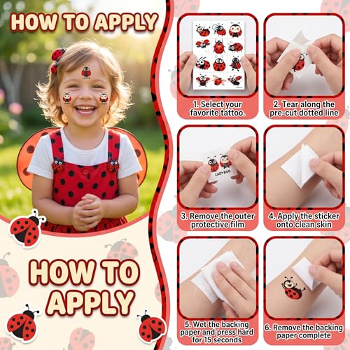 Ladybug Temporary Tattoos for Kids, 96 Pack Waterproof