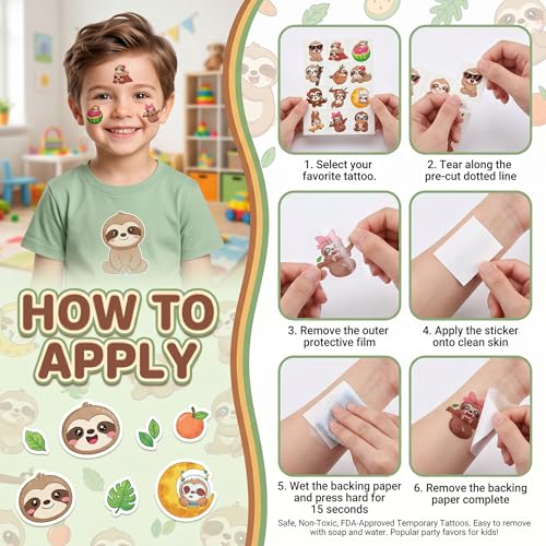 96 Pcs Cute Sloth Temporary Tattoos for Kids