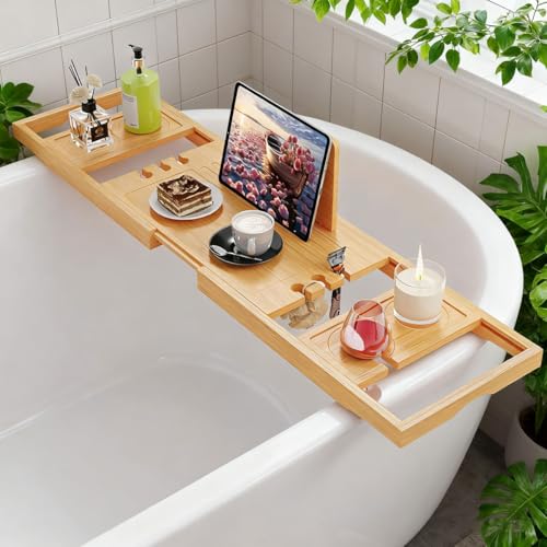 Bamboo Bathtub Caddy Tray – Expandable, Waterproof Bath Organizer