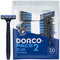 Dorco Pace 2 Plus Disposable Razors for Men (30ct), 2 Blades Shaving Razor, Pivoting Head, Open-Flow for Easy Rinsing, Lubricating Strip, Long Non-Slip Rubber Handle