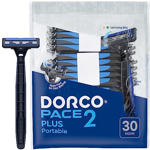 Dorco Pace 2 Plus Disposable Razors for Men (30ct), 2 Blades Shaving Razor, Pivoting Head, Open-Flow for Easy Rinsing, Lubricating Strip, Long Non-Slip Rubber Handle
