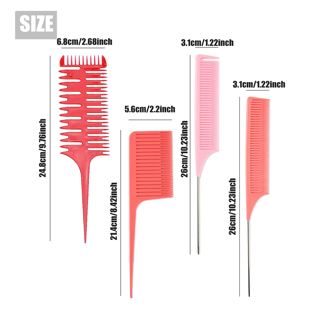 Fox Baby Comb, 4 Pcs Red - Highlighting Professional Styling Comb, Metal Rat Tail Teasing Comb, Dyeing Comb Foiling Comb for Home Hairstylist Barber Styling Weaving