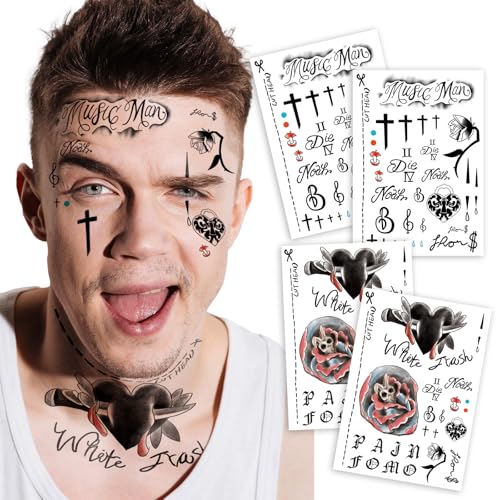 4 Sheets Cosplay Hip-Hop Temporary Face and Body Tattoos ? Rapper-Inspired Fake Tattoo Stickers for Men, Women and Kids ? Realistic Waterproof Tattoos for Cosplay, Halloween, Parties