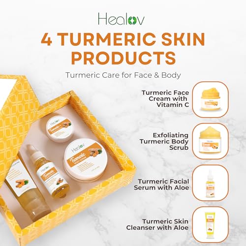 Turmeric Skincare Set ? Turmeric Face Cleanser, Body Scrub, Cream & Facial Serum ? Skin Brightening Hyperpigmentation Treatment, Dark Spot Corrector ? Skincare Kit for a Glowing Complexion
