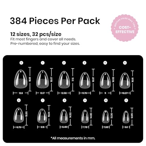 Beetles Almond Extra Short Gel Nail Tips 384pcs - No Shaping Needed, 12 Sizes