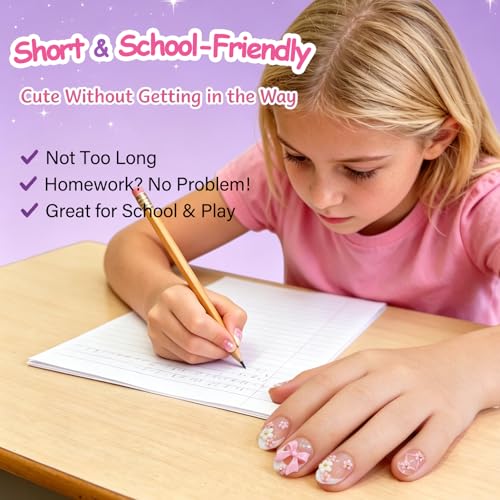 24pcs Kids Press On Nails - Trendy Ballet Bow & Flower Designs