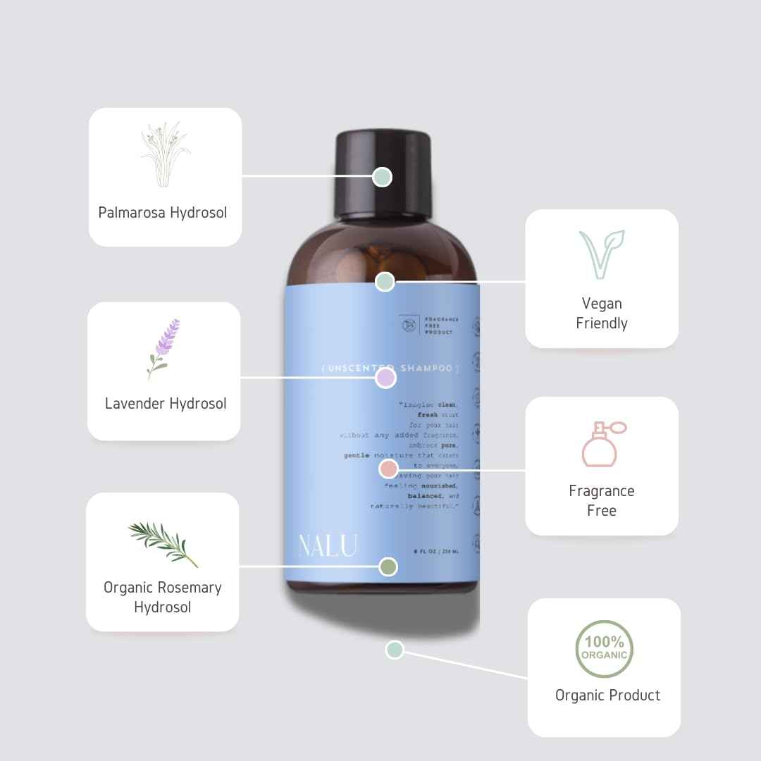 NALU Unscented Shampoo Infused with Organic Rosemary & Lavender Hydrosol. For Sensitive Scalp | Rejuvenating, Nourishing, Cleansing and Calming. All Hair Types, 8 Fl Oz.