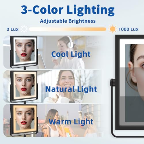 Ruacq Rechargeable Wall Mounted Makeup Mirror with Lights, Double Sided 1X/10X Magnifying Vanity Mirror with 3 Color Lighting, Touch Screen Dimmable, 360¡Æ Rotation Extension Foldable Arm(Matte Black)