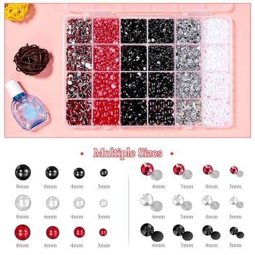 9000 Pcs Flatback Pearls and Jelly Resin Rhinestones for Crafting, Red White Black Mixed Size 3-8mm Jelly Rhinestones and Pearls Nail Jewels, Bedazzling Crystal Nails Art, Tweezer and Pickup Pencil