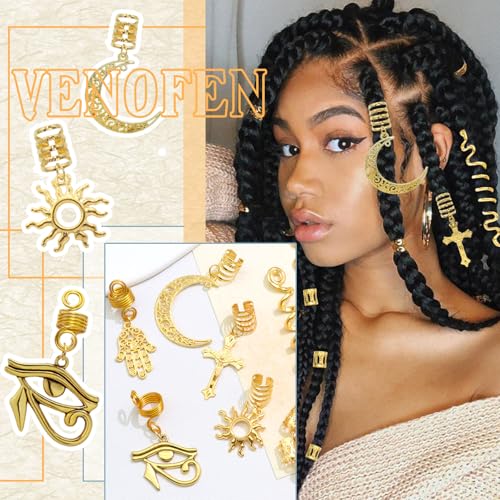 VENOFEN 27PCS Gold Hair Jewelry for Braids Loc Jewelry Cross Braid Clips Multi Style Loc Dreadlock Beads Sprial Hair Decoration Metal Hair Cuffs Rings Braid Accessories for Women and Men