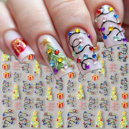 2 Sheets Embossed Christmas Nail Stickers, 5D Colorful Light String Self-Adhesive Nail Art Decals for Women Girls DIY Winter Xmas Tree Manicure