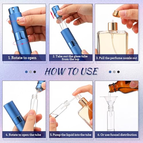 Remerry 15 Pcs 8 ml Perfume Atomizer Refillable Small Perfume Spray Bottle Empty Portable Travel Sprayer with 5 Funnel 5 Pump Transfer Tool(Black, Blue, Silver)