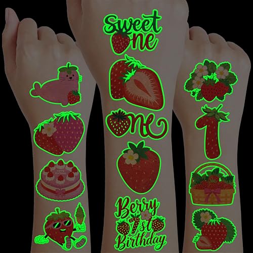 96 Pcs Strawberry Glow in Dark Temporary Tattoos for Kids