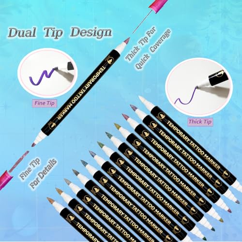 Temporary Tattoo Markers Skin Kit, 12 Pens + 72 Stencils