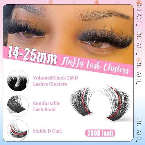 Lash Clusters Kit Fluffy Eyelash Extensions Kit 280D Individual Eyelashes Kit 14-25mm DIY Lashes Extension Kit with Lash Bond and Seal, Lash Applicator, Mega Volume False Eyelashes Kit by BEFACL