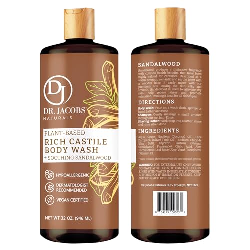 Dr. Jacobs Naturals Pure Castile Soap Liquid Body Wash, Sandalwood - Plant Based Soap Infused with Vitamin E and Aloe Vera to Moisturize Dry and Sensitive Skin - Made in the USA - 32 oz, Pack of 2