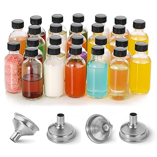 DIDITIME 24 Pack 2 oz Small Clear Glass Bottles with Lids & 4 Funnels - 60ml Boston Round Sample Bottles for Potion, Juice, Ginger Shots, Oils, Whiskey, Wellness Shots, Mini Travel Bottles