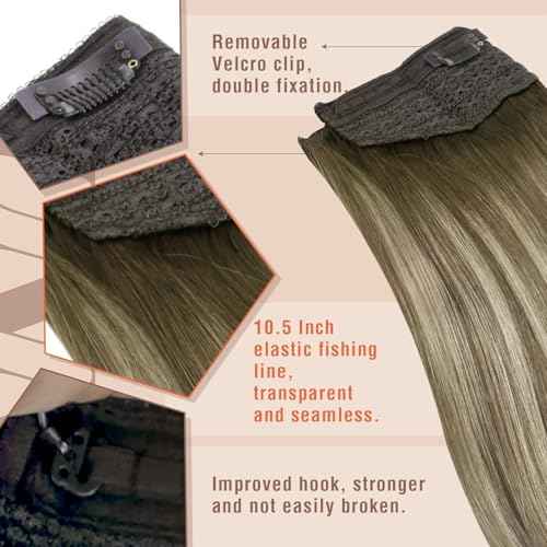 Sunny Hair Wire Hair Extensions Real Human Hair Fish Line Human Hair Extensions Invisible Wire Extensions Brown to Light Brown with Medium Blonde #3/8/22 12 Inch