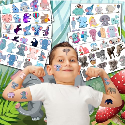 101 PCS Cute Elephant Temporary Tattoos Themed 1st Birthday Party Decorations Supplies Favors Decor Baby Pink Blue Animal Tattoo Stickers Gifts For Boys Girls Classroom School Prizes Carnival Cartoon