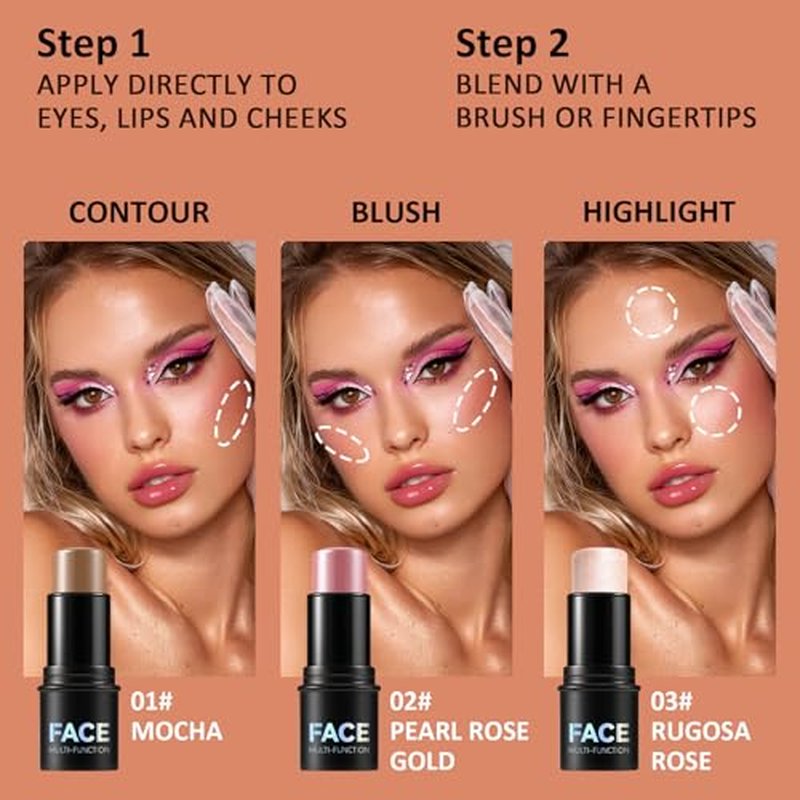 3PCS Cream Contour Stick Set with Brush - Waterproof Highlighter & Blush